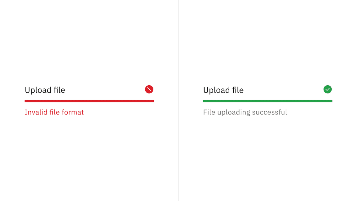 Two progress bars respectively in error and successful, show the help text "Invalid file format" and "File uploading succeeded"